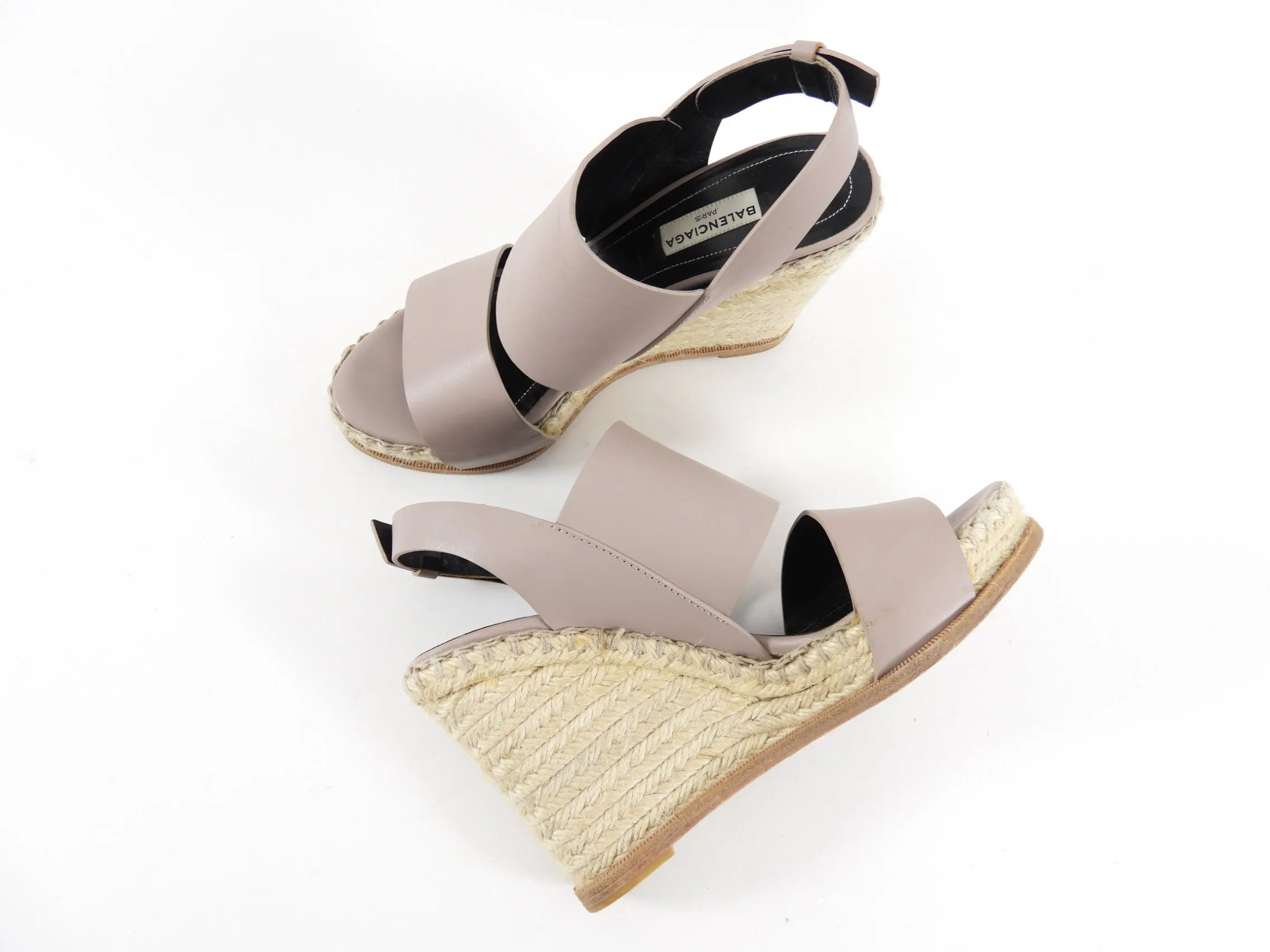 Balenciaga Taupe Leather Espadrille Wedge Sandals - 37