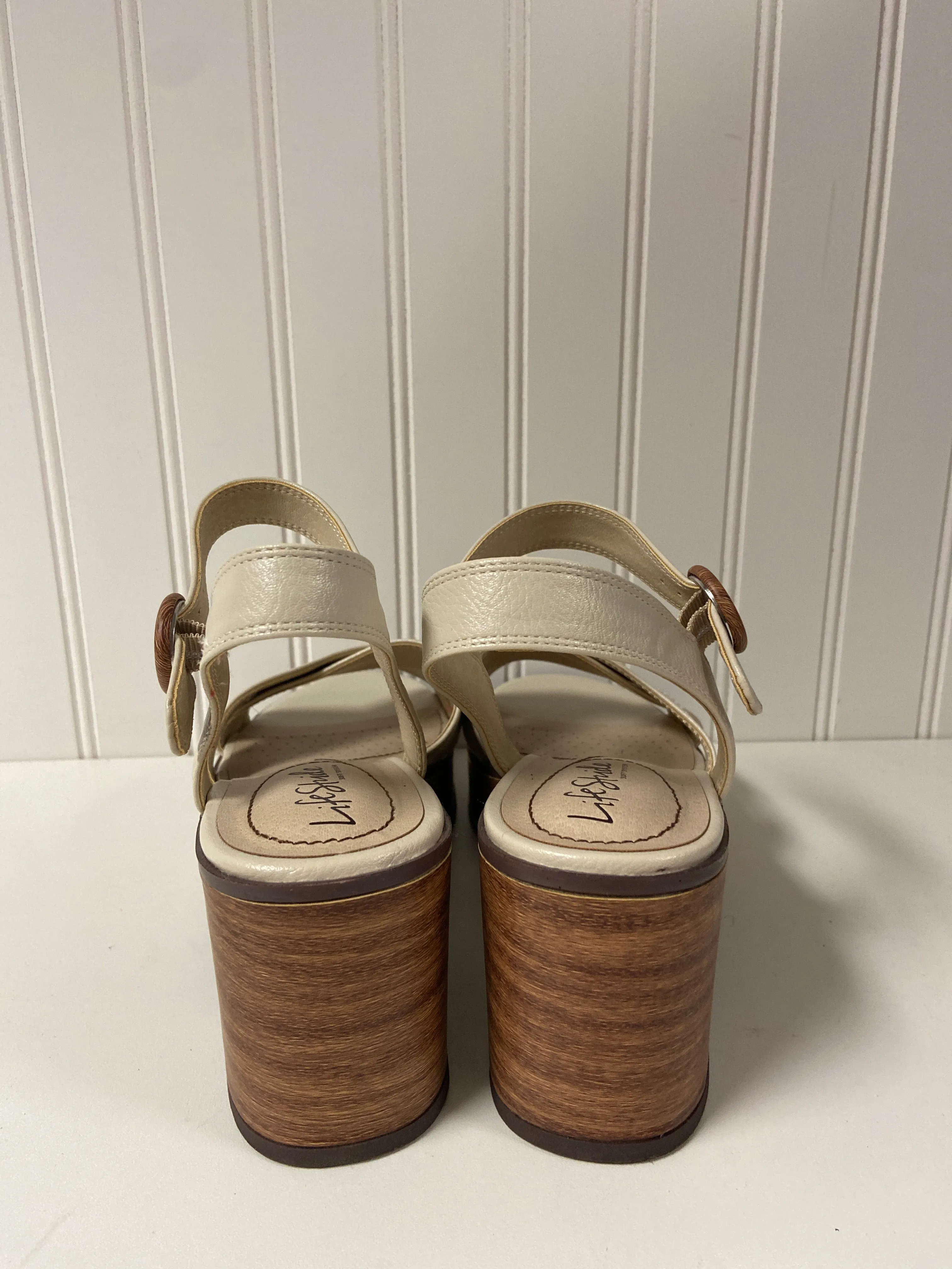 Beige Sandals Heels Block Life Stride, Size 8