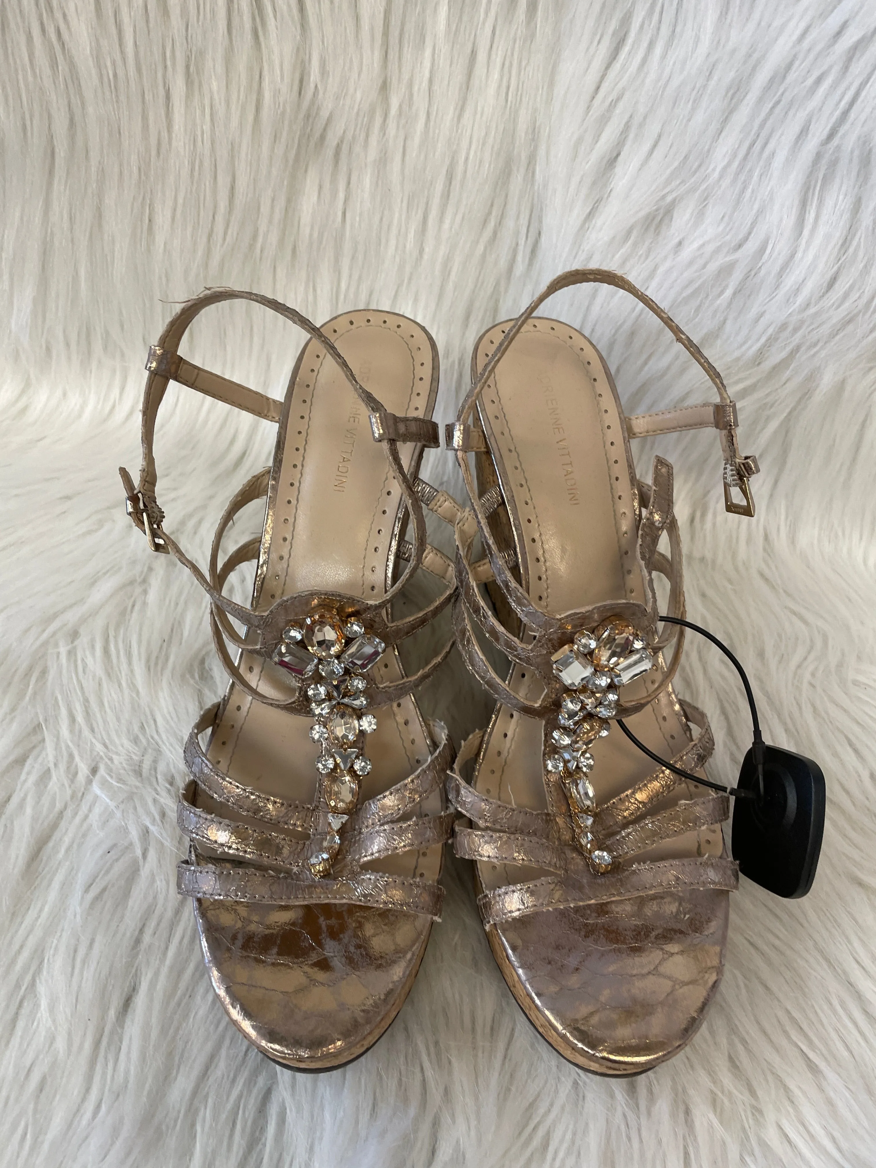 Brown & Gold Sandals Heels Wedge Adrienne Vittadini, Size 10