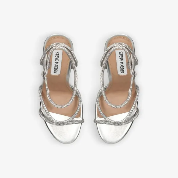 Bryanna Metallic Leather Sandals with Steve Madden Rhinestones, Silver