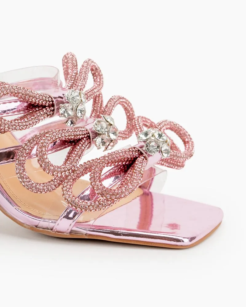 Clear Rhinestones Crystal Triple Bow Transparent Stiletto Heel Sandals