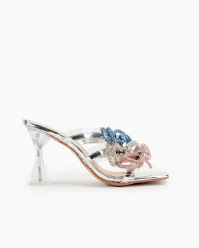 Clear Rhinestones Crystal Triple Bow Transparent Stiletto Heel Sandals