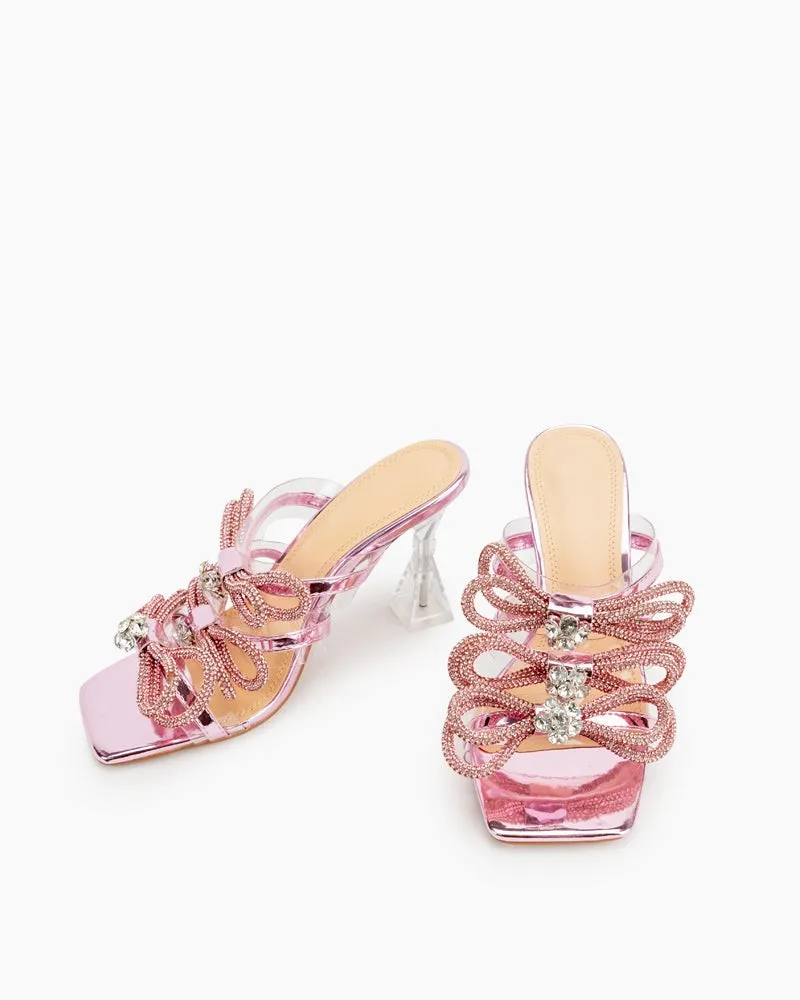 Clear Rhinestones Crystal Triple Bow Transparent Stiletto Heel Sandals