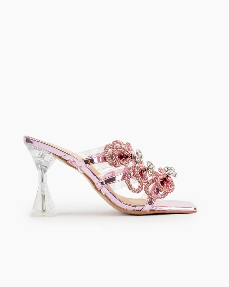Clear Rhinestones Crystal Triple Bow Transparent Stiletto Heel Sandals