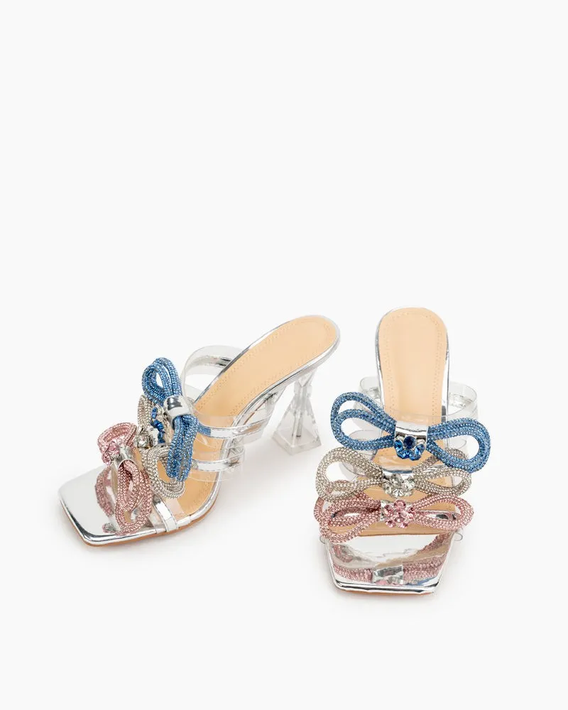 Clear Rhinestones Crystal Triple Bow Transparent Stiletto Heel Sandals