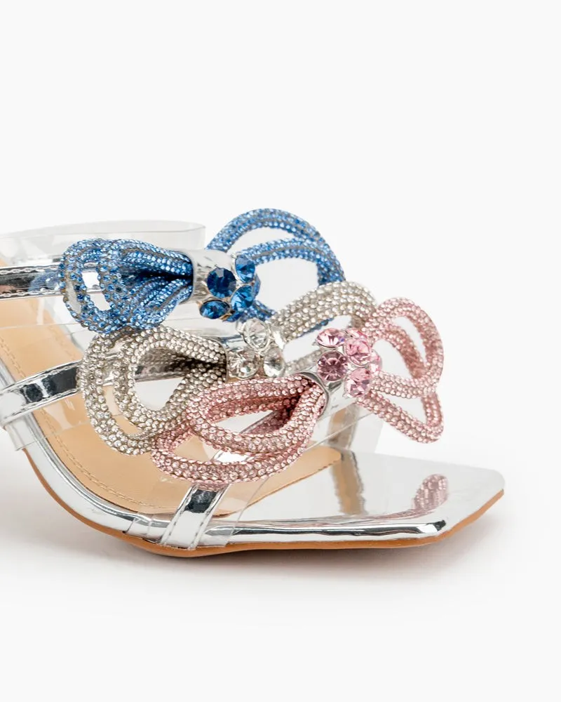 Clear Rhinestones Crystal Triple Bow Transparent Stiletto Heel Sandals