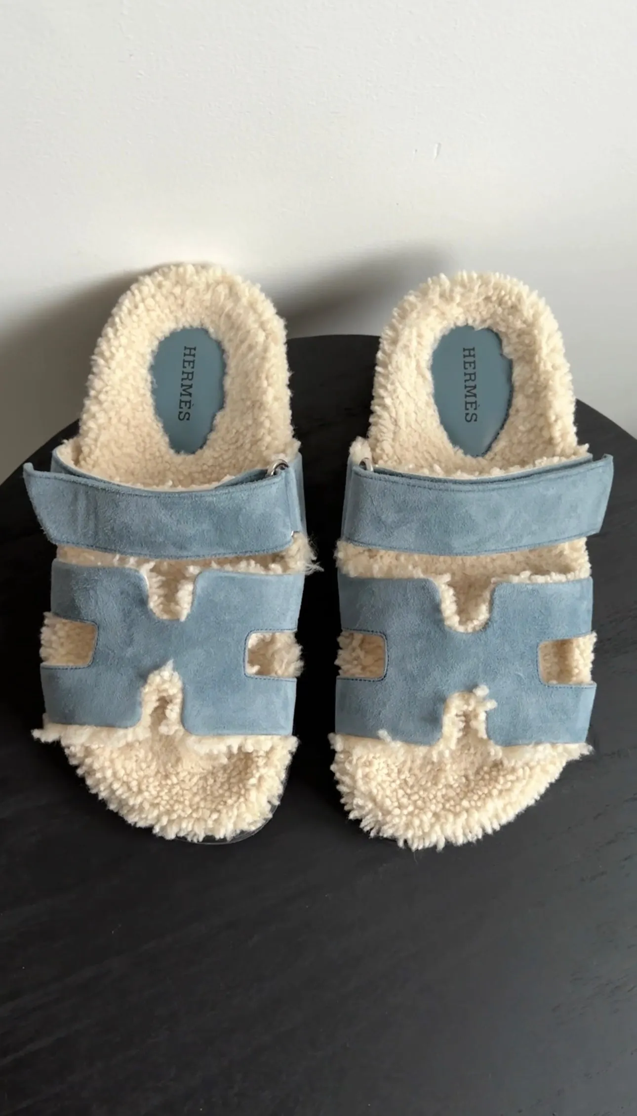 Hermes Blue Suede Shearling Chypre Slide Sandals - 36.5