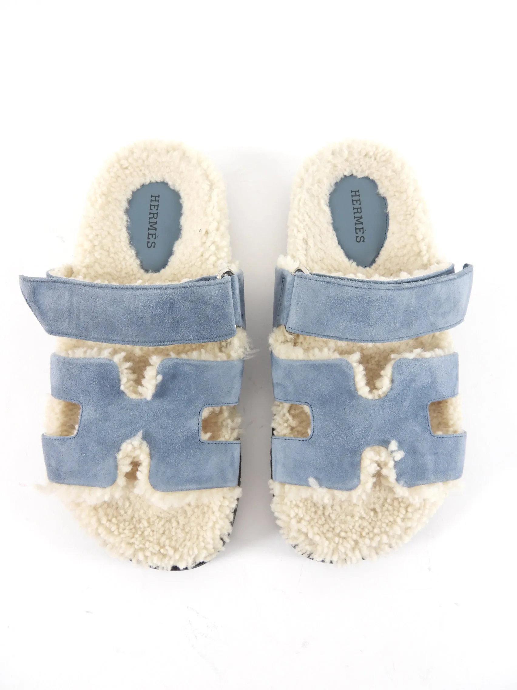 Hermes Blue Suede Shearling Chypre Slide Sandals - 36.5