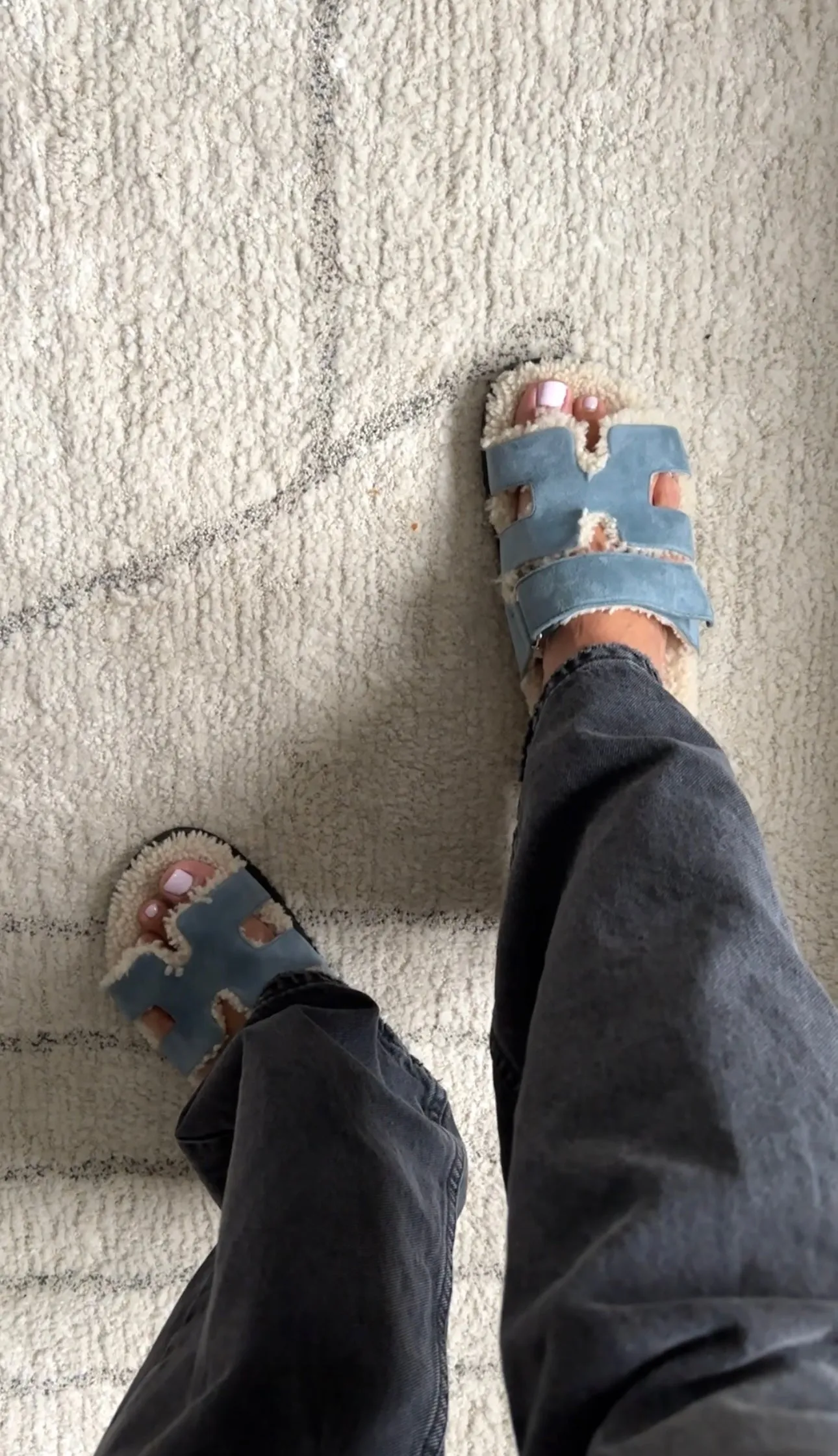 Hermes Blue Suede Shearling Chypre Slide Sandals - 36.5