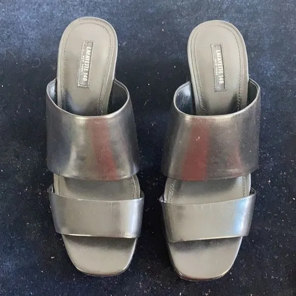 New Lafayette 148 Black Block Heel Slides Sandals