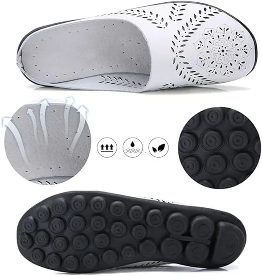 Smoneyful Women's Casual Hollow Breathable Slip On Flats Loafers Comfortable Orthotic Non Slip Softsole Lightweight Round Toe Mules for Summer
