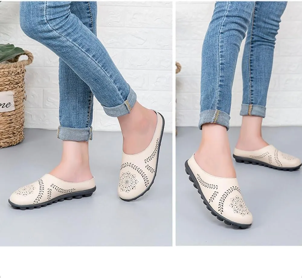 Smoneyful Women's Casual Hollow Breathable Slip On Flats Loafers Comfortable Orthotic Non Slip Softsole Lightweight Round Toe Mules for Summer