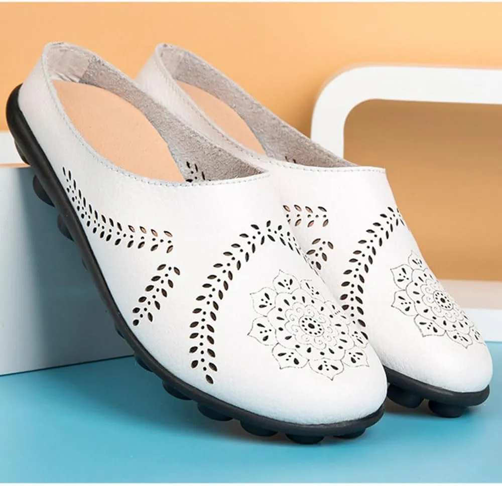 Smoneyful Women's Casual Hollow Breathable Slip On Flats Loafers Comfortable Orthotic Non Slip Softsole Lightweight Round Toe Mules for Summer
