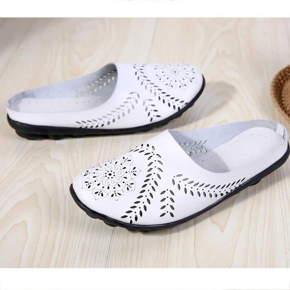 Smoneyful Women's Casual Hollow Breathable Slip On Flats Loafers Comfortable Orthotic Non Slip Softsole Lightweight Round Toe Mules for Summer