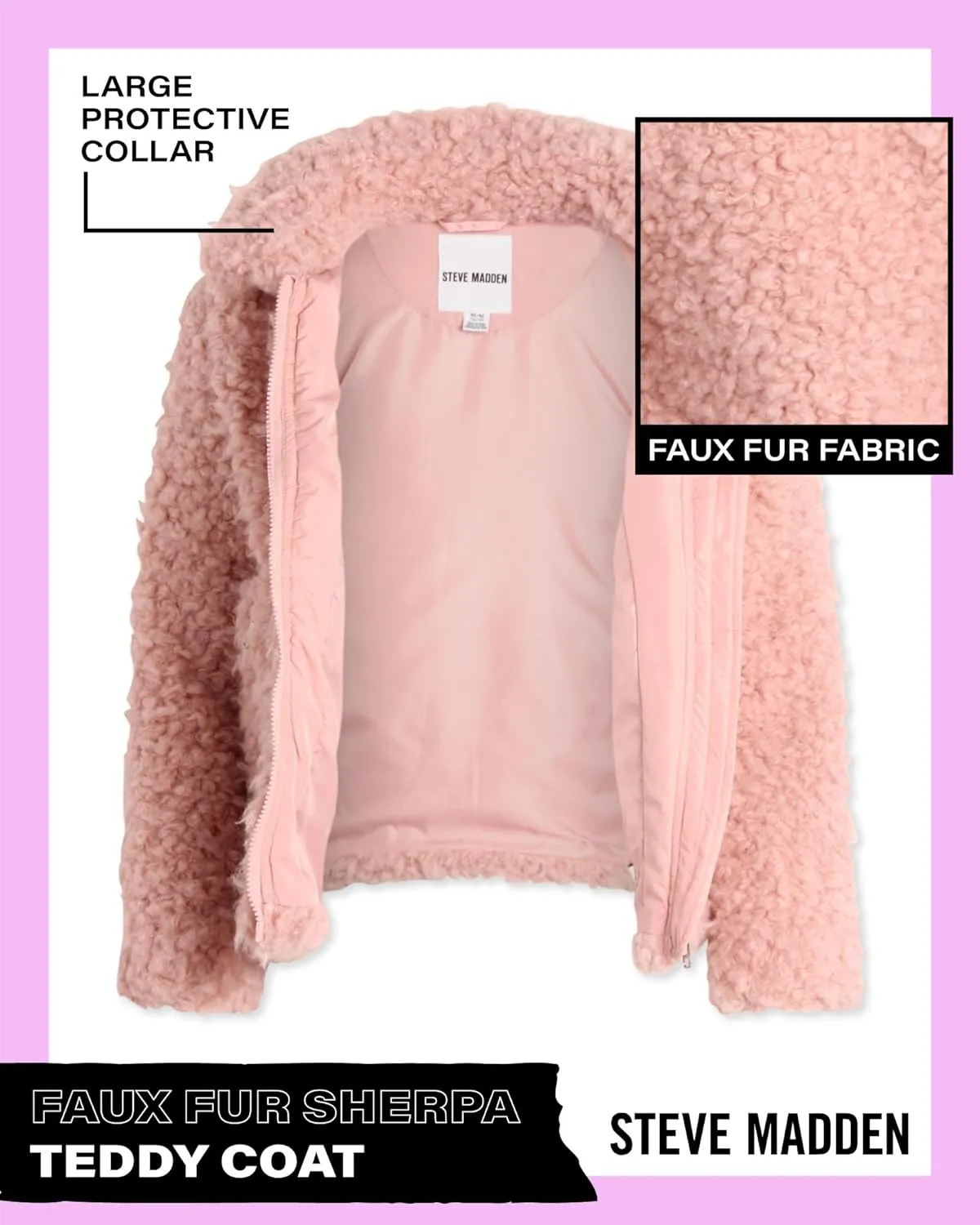 Steve Madden Girls' Jacket – Zip Up Sherpa Fleece Sweatshirt Jacket – Casual Teddy Coat for Girls (4-16)