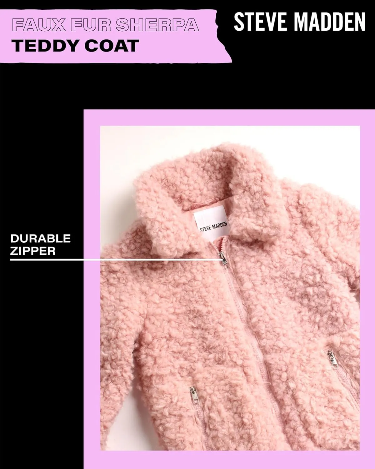 Steve Madden Girls' Jacket – Zip Up Sherpa Fleece Sweatshirt Jacket – Casual Teddy Coat for Girls (4-16)