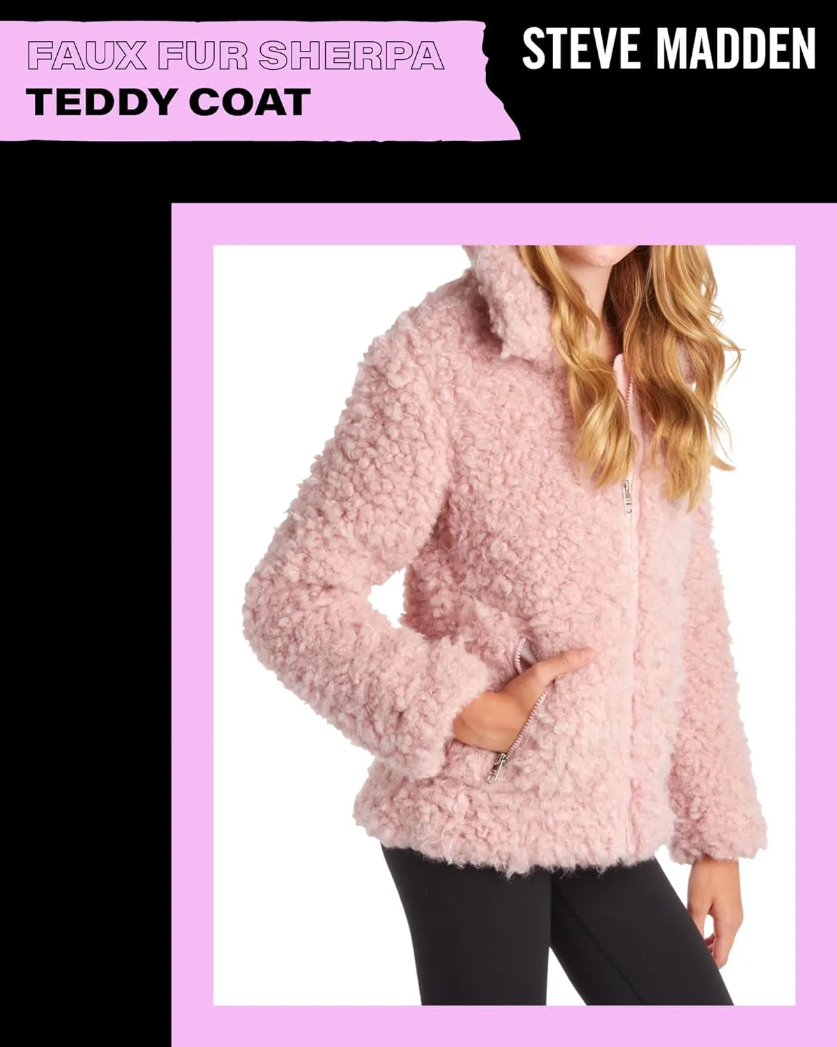 Steve Madden Girls' Jacket – Zip Up Sherpa Fleece Sweatshirt Jacket – Casual Teddy Coat for Girls (4-16)