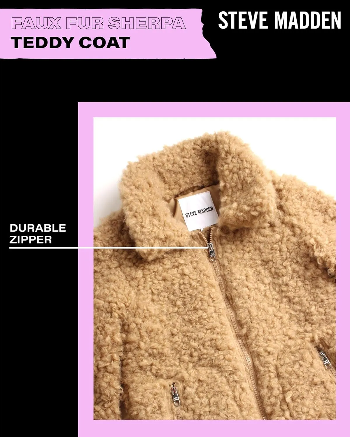 Steve Madden Girls' Jacket – Zip Up Sherpa Fleece Sweatshirt Jacket – Casual Teddy Coat for Girls (4-16)