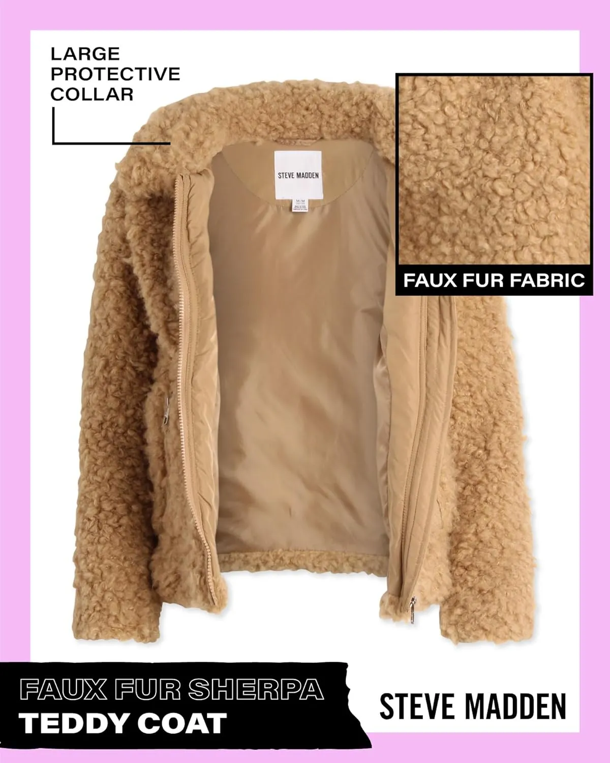 Steve Madden Girls' Jacket – Zip Up Sherpa Fleece Sweatshirt Jacket – Casual Teddy Coat for Girls (4-16)