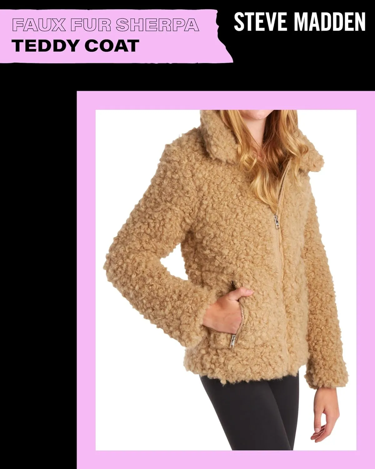 Steve Madden Girls' Jacket – Zip Up Sherpa Fleece Sweatshirt Jacket – Casual Teddy Coat for Girls (4-16)