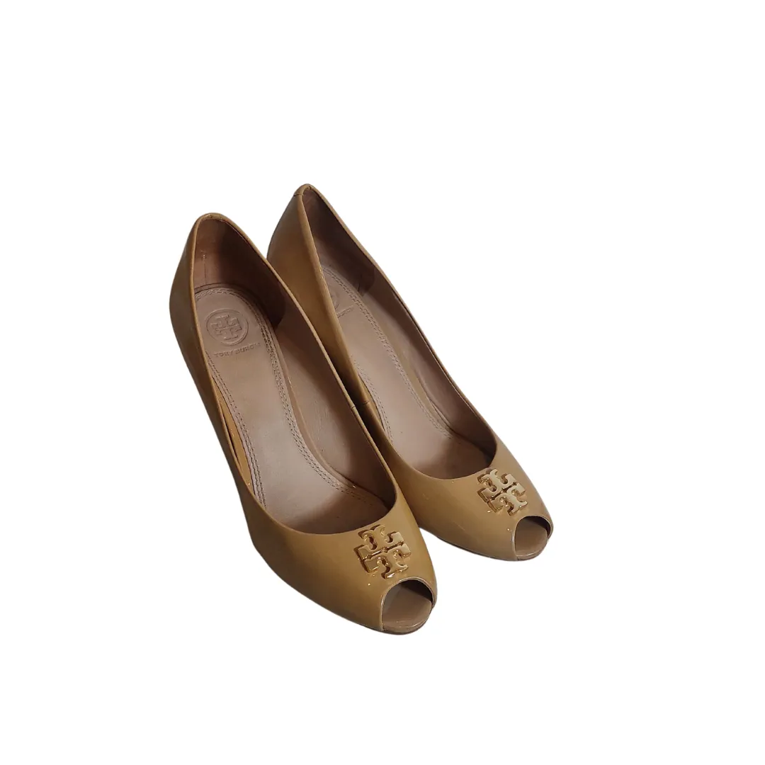Tory Burch Burnt Almond Jade Peep-toe Wedges | Pre Loved |
