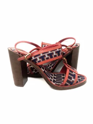 Tory Burch Florian Women's Red/Navy Block Heel woven Size 10.5 Sandals