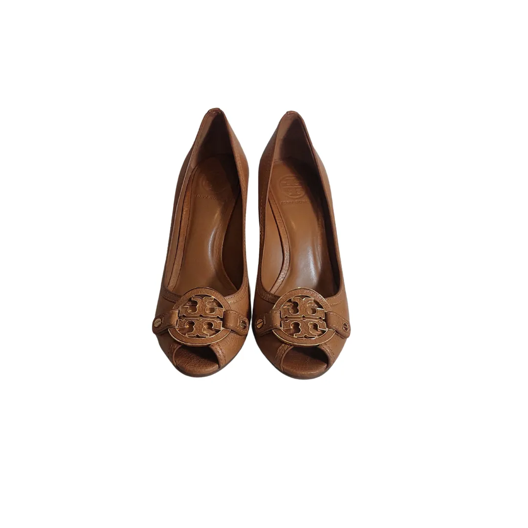 Tory Burch Tan Leather 'Amanda' High Peep-toe Wedges | Pre Loved |